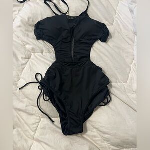 Mesh Cutout Ruched Drawstring Monokini Swimsuit